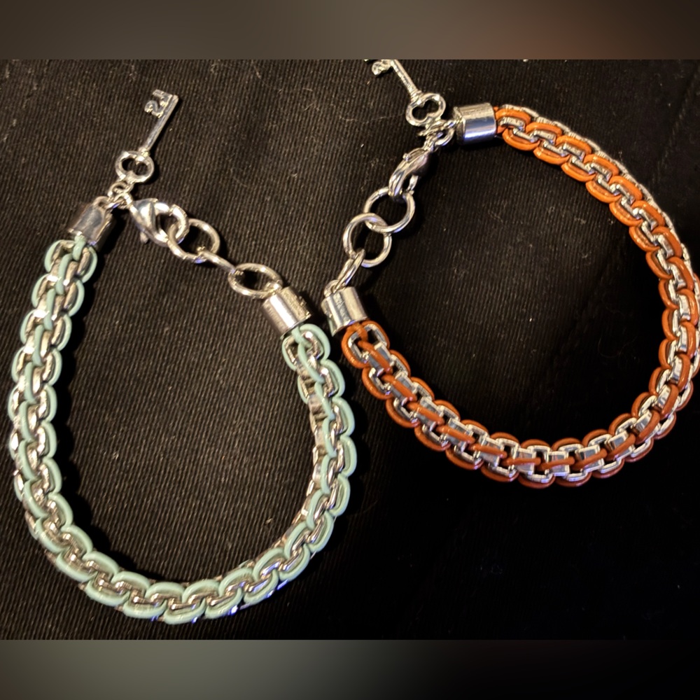 TWO Lia Sophia Mingle Silvertone Chain Bracelets Orange and Sky Blue Fashion Key